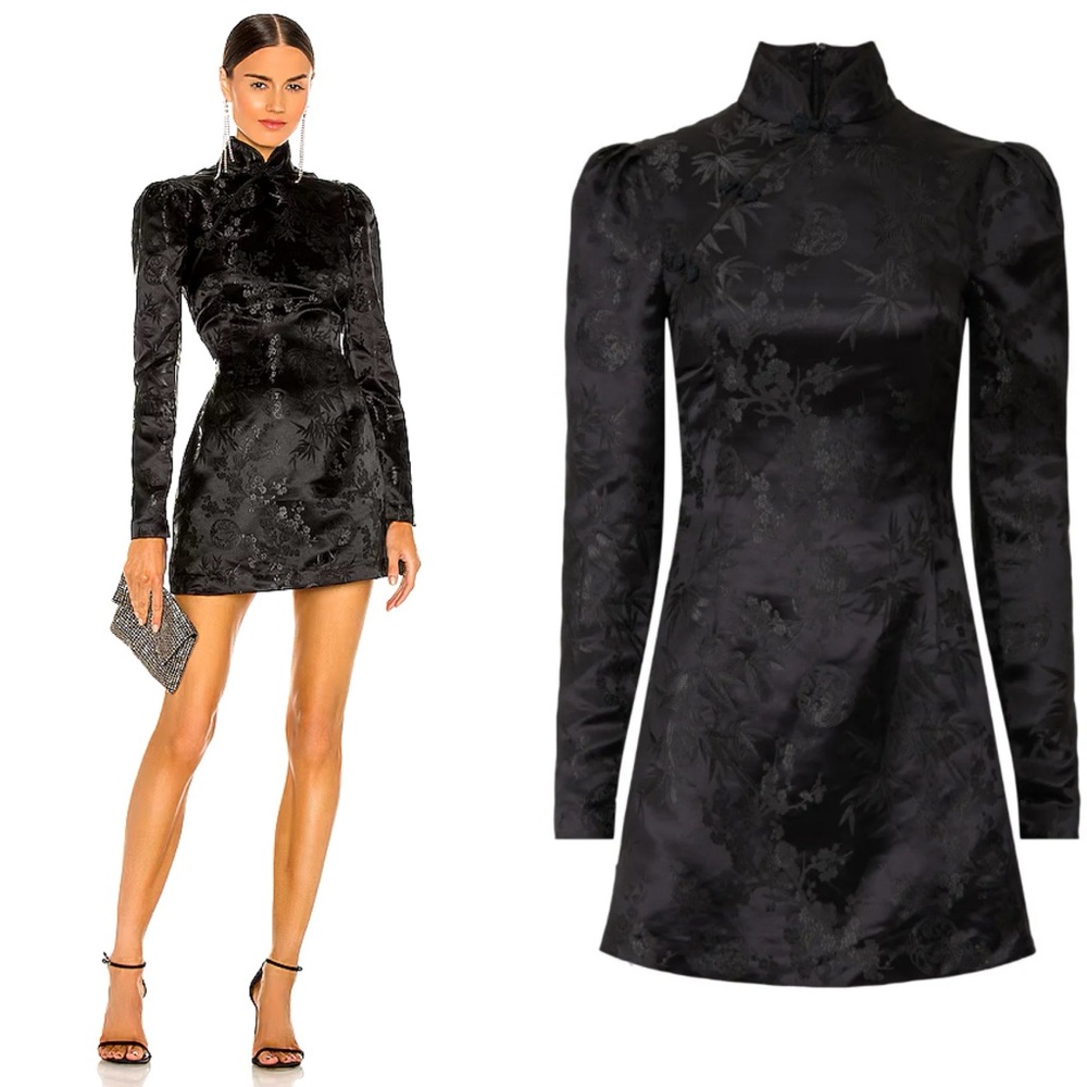 NWT Sau Lee Joyce Chinese Jacquard Mini Dress 0 Black Mandarin Collar